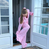 KYLETHOMASW  -  Bowknot Print Loungewear Comfy Soft Button Up Blouse Tops + Long Pants Women Autumn 2 Piece Set Sleepwear Cute Pajama Suit