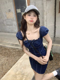 KYLETHOMASW  -  French Retro Denim Dress Women's Summer Off Shoulder Flying Sleeves Square Collar Slim Dress Fashion Female Clothes