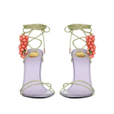 KYLETHOMASW  -  Women's  Rhinestone Ankle Wrap Stiletto Sandals Coral Grape‑Shaped Bead Decor Open‑Toe High Heels Crystal Thin Strappy