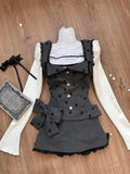 KYLETHOMASW  -  2024 New Japanese Vintage 3 Piece Set Women Casual Square Collar Blouse + Lace Patchwork Print Vest + Y2k Bow Mini Skirts Female