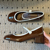 KYLETHOMASW  -  Japanned Leather Mary Janes Woman Color Block High Heels Shoes Ladies Belt Buckle Tacones Wedges Chunky Heeled Escarpins Mujer