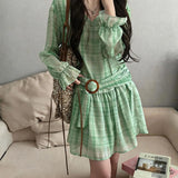 KYLETHOMASW  -  Dopamine green plaid v-neck long-sleeved shirt dress women's early spring beautiful beautiful design skirt