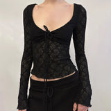 KYLETHOMASW  -  French Lace Patchwork V Neck Long Sleeve Slim Solid Y2k Streetwear Knitted T-Shirts