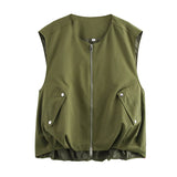 KYLETHOMASW  -  Autumn Women O Neck Front Zipper Loose Casual Vest Vintage Solid Sleeveless Outerwear