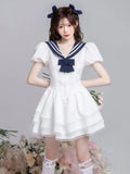 KYLETHOMASW  - Navy Neck Super Fairy Puffy dress Women Summer Pure Desire Lace Princess Dress Bubble Sleeve Slimming Cake Dresses