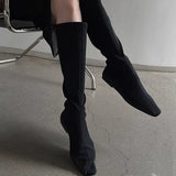 KYLETHOMASW  -  Flat Bottom Knee High Sock Boots Women Pointed Toe Stretch Fabric Long Booties Ladies Autumn Winter British Style Work Boots