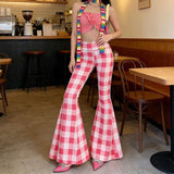 KYLETHOMASW  -  Y2K Pink Heart Print High Waist Flare Pants | Kawaii All-Over Love Bell Bottom Trousers | Barbiecore Aesthetic Summer Streetwear