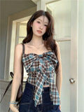 KYLETHOMASW  -  Sweet Hot Girl Sexy Sleeveless Plaid Bow Vest Women's Summer Backless Strapless Slim Fit Short Top Fashion Female Clothes