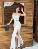 KYLETHOMASW  -  Elegant Sexy Long Evening Gown with Mesh Splice And Side Slit High Waist Bodycon Dress for Women Party Ball Celebration