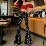 KYLETHOMASW  -  Y2K Pink Heart Print High Waist Flare Pants | Kawaii All-Over Love Bell Bottom Trousers | Barbiecore Aesthetic Summer Streetwear