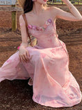 KYLETHOMASW  -  Casual Light Pink Printed Sleeveless Dress Beach Fashion Y2K Vintage Chic Summer French Retro Elegant Chiffon Midi Dress Women