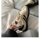 KYLETHOMASW  -  Women Genuine Leather Sneakers Round Toe Flats Mixed Colors Sewing Ladies Fashion Lace-up Shoes Spring Autumn Grey White new