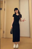 KYLETHOMASW  -  Summer Casual Cotton Midi Dress Women Elegant Solid Color Round Neck Slim Bodycon Dresses Korean High Street Vestidos ﻿270A