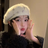 KYLETHOMASW  -  K-pop Girls Group  Rhinestone Rabbit Hair Beret Women's Autumn/Winter Plush White Knitted Beret Fashion FemaleTrendy Accessories