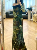 KYLETHOMASW  -  Elegant Vintage Green Print Dresses Y2k Skew Collar Long Sleeve Dress for Women Spring New Slim Fit Bodycon Vestidos Mujer