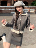 KYLETHOMASW  -  Y2K Sweet Knitted Skirt Suits Elegant Long Sleeves Single Breasted + Slim Waist Mini Skirt Womens Two Pieces Set Female Clothing