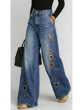 KYLETHOMASW  -  Women's Washed Blue High-Waist Metal Grommet Wide Leg Jeans Casual Loose Fit Streetwear Pants Casual Trousers