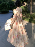 KYLETHOMASW  -  Autumn Women Painting Printed Long Dress French New Square Collar Lantern Sleeve Midi Dress Casual Lace-up Lady Vestidos Largos