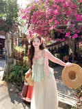 KYLETHOMASW  -  French Style Sweet Girl Patchwork Sets Women Fake Two-piece Floral Camisole + Lace Mesh Half Skirt Suit Beach Party 2-piece Set