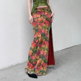 KYLETHOMASW  -  High Waisted Floral Print Skirt for Women's Summer Spicy Girl Irregular Mesh Split Long Skirt Fashion Female Clothes