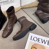 KYLETHOMASW  -  Brown Bow Back Zipper Ankle Boots Women Point Flat Head Square Heel Autumn Winter Shoes Chic Sewing Thread Boot for Woman