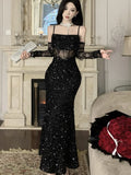 KYLETHOMASW  -  Sexy Sequins Black Womens Dresses Elegant Spaghetti Strap Hollow Out Bodycon Party Dress Summer Slim Waist Vestidos Female Robe