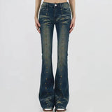 KYLETHOMASW  -  Vintage Americana Low Rise Flared Jeans Rivet Studs Distressed Washed Denim Pants Bootcut Slim Y2K Harajuku Street Denim Pants