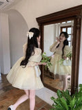KYLETHOMASW  -  Light Yellow Mesh Dresses Japanese Style Mori Bubble Sleeve Dress French Princess Court Appointment Vestido