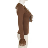 KYLETHOMASW  -  Socialite temperament retro brown V-neck lace ruffle slim fit long sleeved autumn slimming top with flared sleeves inside
