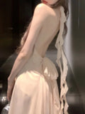 KYLETHOMASW  -  Neack-mounted Backless Long Dresses Beach Gentle Fairycore Flower Design Sense  A-line V-neck Off Shoulder Backless Dress