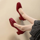 KYLETHOMASW  -  Women Oxford Shoes Vintage Pumps Mid Heels Square Toe Pumps Slip on Sewing High Heels Boat Shoes Elegant Dress Shoes
