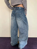 KYLETHOMASW  -  Women Vintage Blue Y2K Jeans American Retro Streetwear Pockets Star Print Design 2000s Grunge Harajuku Baggy Denim Pants