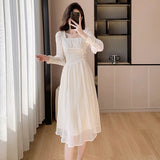 Kylethomasw French Elegant Princess Evening Party Dresses Women's Spring and Summer Temperament Square Neck Bubble Long Sleeve Vest Dresses