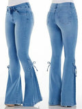 KYLETHOMASW  -  Designer Women's Flared Jeans Pants Bow Lace Up Y2k Jeans for Woman Pockets Pants Skin Tight Pant Streetwear Denim Trousers