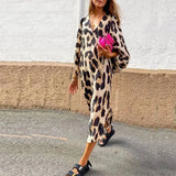 KYLETHOMASW  -  Spring Summer New Long V-neck Loose Lantern Sleeve Leopard Print Straight Cut Dress Women's Midi Dress Comfortable Breathable