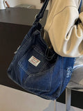 KYLETHOMASW  -  Vintage Faded Blue Slouchy Shoulder Bag For Women, Large Capacity Soft   College Style Fabric Tote Bag With Multiple Pockets