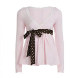 KYLETHOMASW  -  French Sweet Lace Patchwork Polka Dot Bow Slim V Neck Long Sleeve Solid T-Shirts