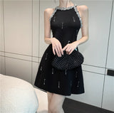 KYLETHOMASW  -  Summer Women's Mini Dress Luxury Fashion Black O-neck Shine Diamond Beading Slim Gown Femme Evening Party Banquet Runway