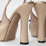 KYLETHOMASW  -  New Women's Beige/Black Satin Slingback Pumps Bowknot Decor Round Toe Platform Block High Heel Fashion Party Evening Shoes