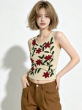 KYLETHOMASW  -  Korean Style Flower Embroidery Fashion Casual Women's Simple Atmospheric Versatile Sleeveless Slim Fit Short Tank Top