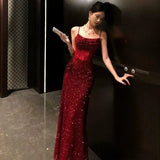 KYLETHOMASW  -  French Luxury Sequin Wine Red Lace Strap Camisole Fishtail Long Dress Banquet Christmas Party Evening Dress for Women