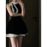 KYLETHOMASW  -  Sexy Dress Woman Bow Bandage Sleeveless Slim Patchwork Black Mini Dresses Puffy Elegant Vintage Ladies Summer Fashion Chic