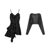 KYLETHOMASW  -  Hebe Style Floral Print Two-Piece Set Women's Elegant Black Off-Shoulder Asymmetrical Dress Sunscreen Cardigan Slimming Effect