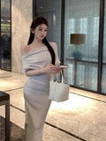 KYLETHOMASW  -  Skew Collar Long Dresses Solid Spring Summer Elegant Sexy Vestidos Mujer Korean Fashion Bodycon Dress Women