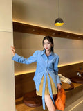 KYLETHOMASW  -  Casual Shirts Tie Long Sleeve French Womens Tops Loose Shirt Solid Button Blouses for Women Fashion 2022 Autumn Blue Cotton Top