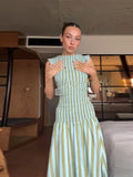 KYLETHOMASW  -  Elegance Sleeveless Striped Pleated Women Dress Slim A-line Flared Chic Robes 2025 Summer Party Vacation Female Maxi Dresses