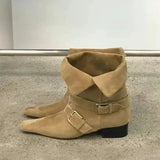KYLETHOMASW  -  Genuine Leather Butterfly Knot Wrapped Strap Short Ankle Boots Women Polished Color Distressed Flat Bottomed Bare Shoes Female