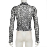 KYLETHOMASW  -  Printed irregular low cut scarf tie T-shirt pure desire style thin mesh top with breasted mesh