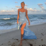 KYLETHOMASW  -  European Women Spaghetti Strap Mesh Maxi Dress Backless Cutout Split Slim Bodycon Beach Dress