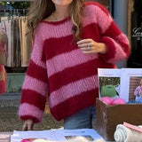 KYLETHOMASW  -  Women Autumn Winter Loose Fit Knitwear Jumpers Vintage Striped Fuzzy Knitted Sweater Casual Boat Neck Long Sleeve Pullover Tops